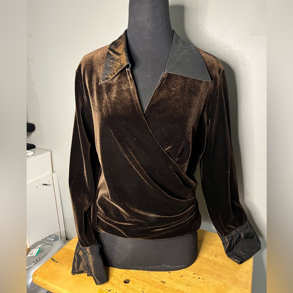 Brown Velvet Deep V line Collared Top